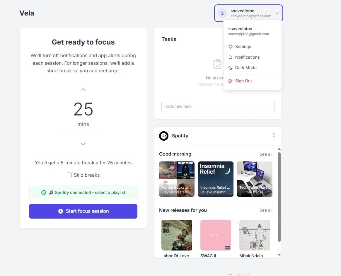 Vela Chrome Extension - Focus Timer and Task Manager Interface